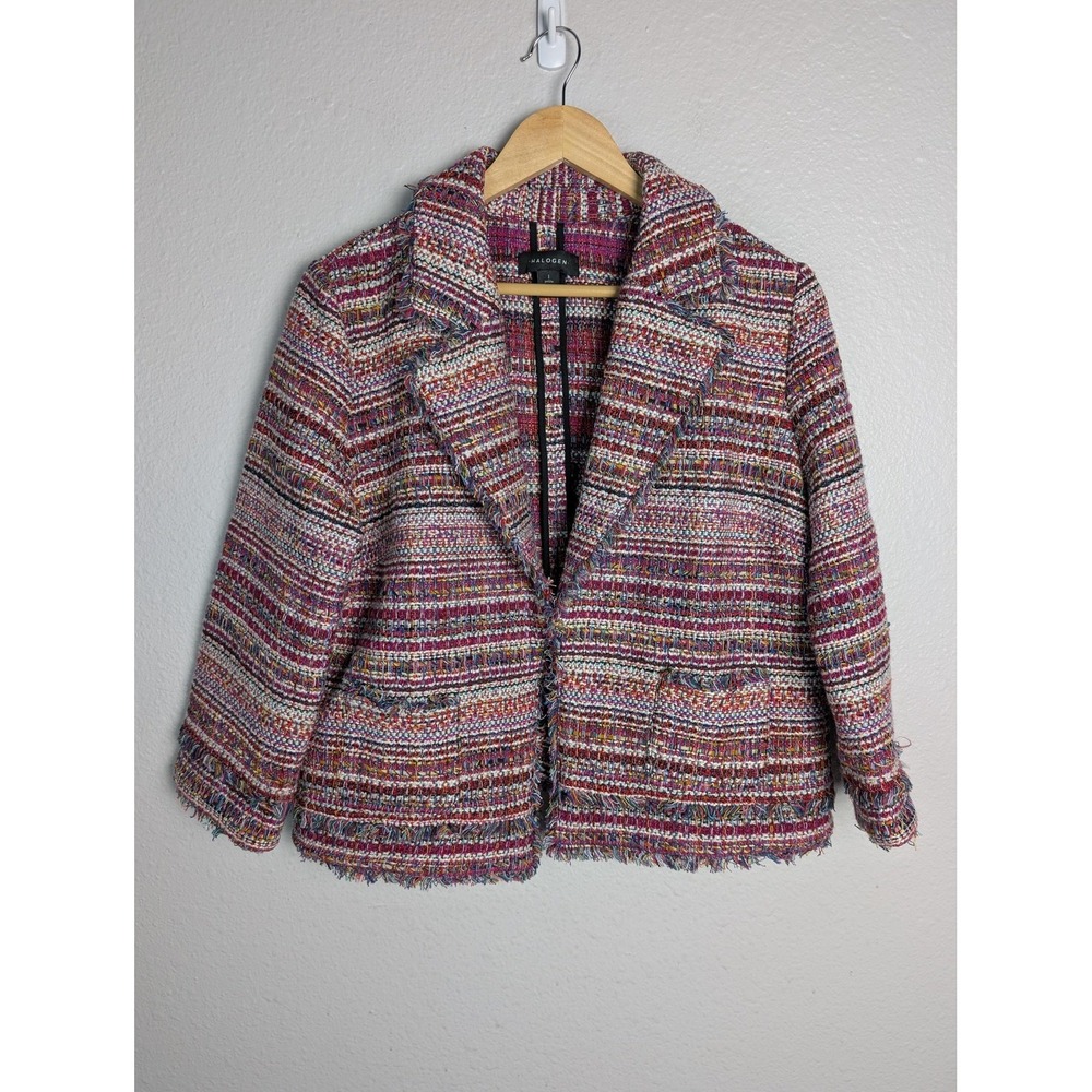 Halogen L‎ Petite Multi Color Tweed Frayed Open Front Blazer Jacket HA382471MP